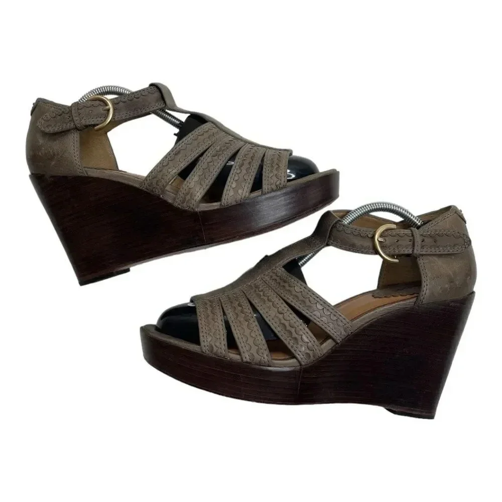 Anthropologie Trask Saydee Leather Wedge Sandals Taupe Brown Ankle Strap 9